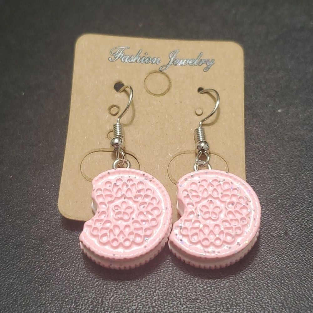 Silver tone pink cookie earrings